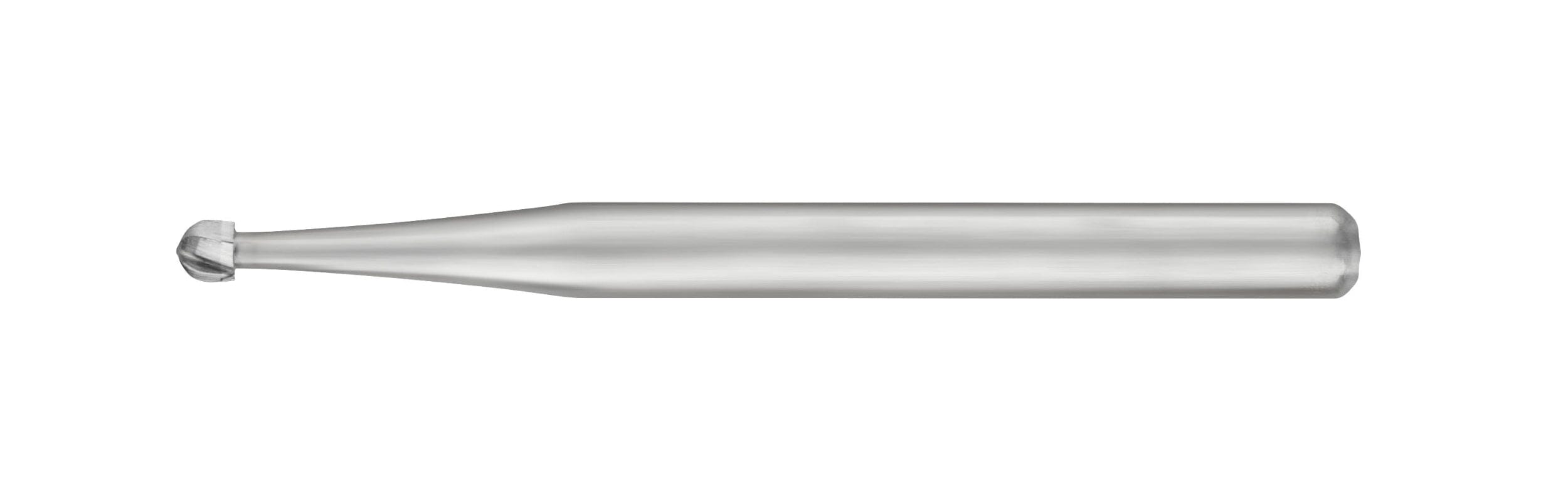 SS White FG/RA Round-Head Carbide Burs (Surgical Length, Non-Sterile, sizes #2/#4/#6/#8, Pkg/5) shown against a white background; features a cylindrical metal design with tapered shank and rounded spiral end.