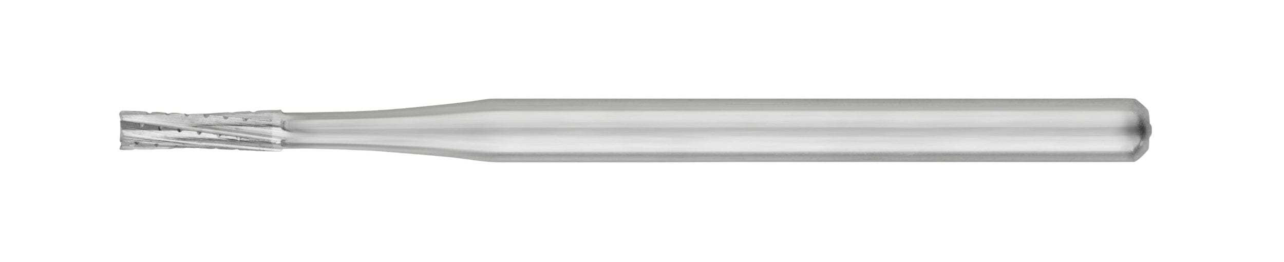The SS White FG/RA Flat-End Cross-Cut Straight Fissure Carbide Burs (Surgical Length, Non-Sterile, 557/558, Pkg/5) have a smooth shaft and textured cutting end for shaping hard materials, shown against a white background.