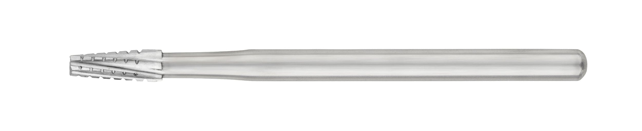 A close-up of an SS White FG/RA Flat-End Cross-Cut Tapered Fissure Carbide Bur, surgical length and sterile, shown on a white background. Available in 700, 701, 702, or 703 sizes, Pkg/5.
