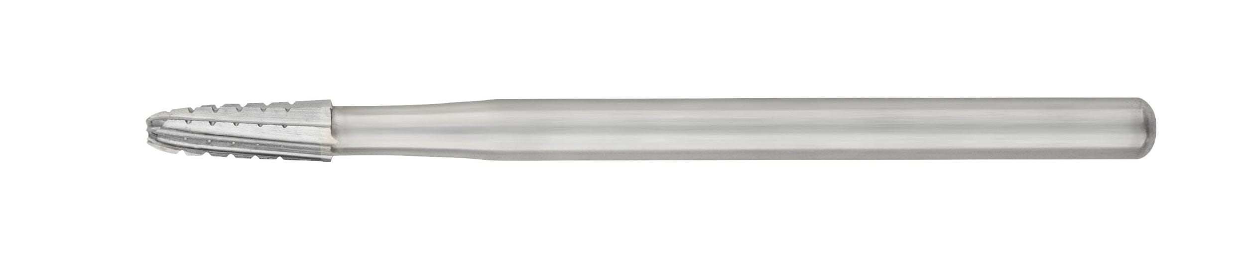 The SS White FG/RA Round-End Cross-Cut Tapered Fissure Carbide Burs (Surgical Length, Non-Sterile, 1702/1703, Pkg/5) are designed for shaping or grinding hard materials with a durable, rotary carbide head.