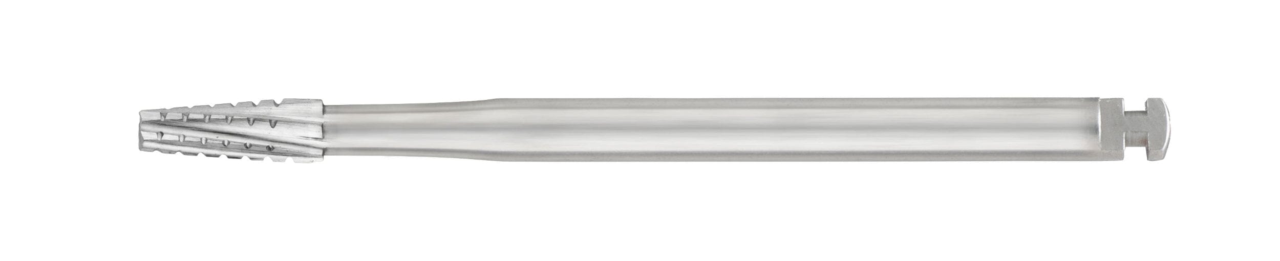 A side-view close-up of an SS White FG/RA Flat-End Cross-Cut Tapered Fissure Carbide Bur, surgical length and sterile (Types 700–703, Pkg/5), showing its cylindrical body and grooved conical tip against a white background.
