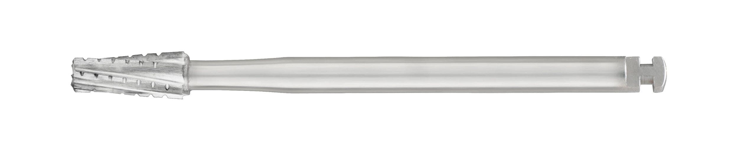 The SS White FG/RA Flat-End Cross-Cut Tapered Fissure Carbide Burs, surgical length and sterile (700–703, Pkg/5), feature a ribbed metallic design with a smooth shaft—ideal for dental procedures. Shown on a white background.