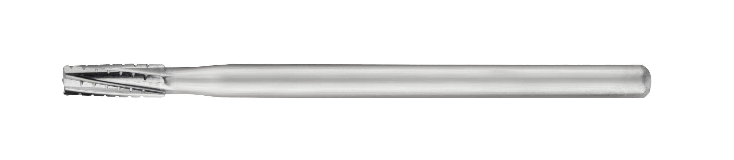 The SS White HP Flat-End Cross-Cut Straight Fissure Carbide Burs (558/560, Pkg/10) by SS White are non-sterile, silver cylindrical metal milling tools with spiral cutting edges, shown on a white background.