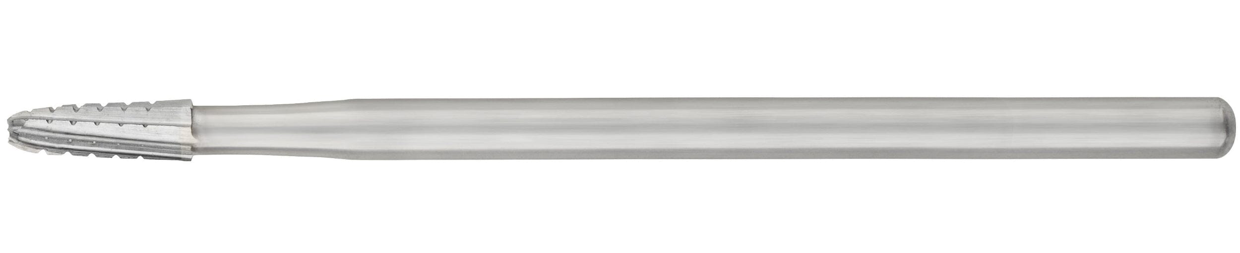 The SS White HP Round-End Cross-Cut Long Tapered Fissure Carbide Burs (1702L, 1703L) feature a cylindrical shaft and helical grooves, ideal for shaping or smoothing materials in oral surgery. Sterile pack of 10.