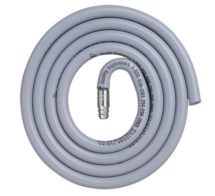 The 5 ft Tubing Adapter Set (TASS) from Quality Aspirators features coiled gray, autoclavable silicone surgical tubing with a stainless steel adapter for suction or aspiration in HVE system healthcare settings.