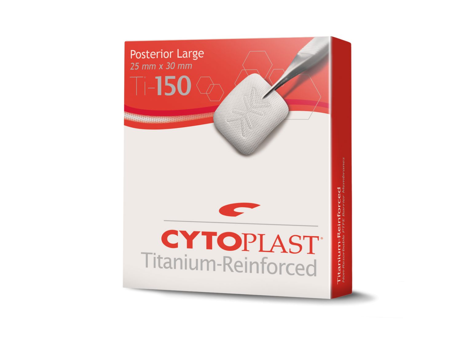 A box of Osteogenics Cytoplast™ Ti-150 Titanium-Reinforced PTFE Membrane (150 μm), Posterior Large size (25 mm x 30 mm). Packaging displays the non-resorbable barrier with red and white accents.