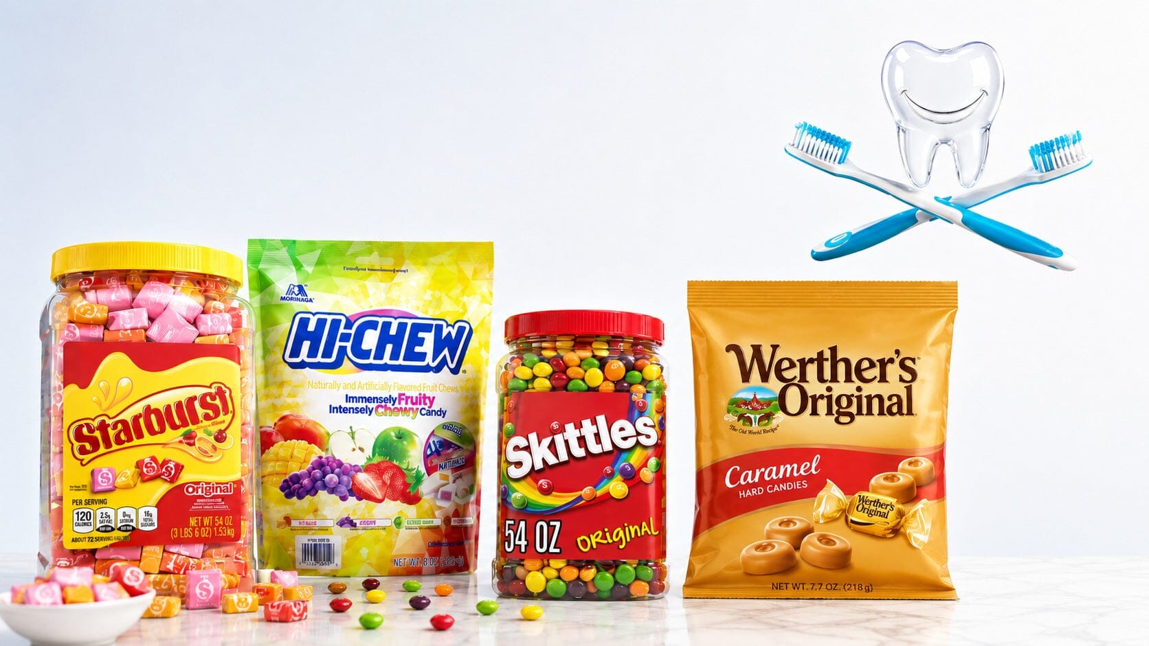 Xemax Surgical Products’ Treat the Team — Candy Selection sits on the counter—an enticing complimentary treat for office staff, with crossed toothbrushes above to support dental health awareness.