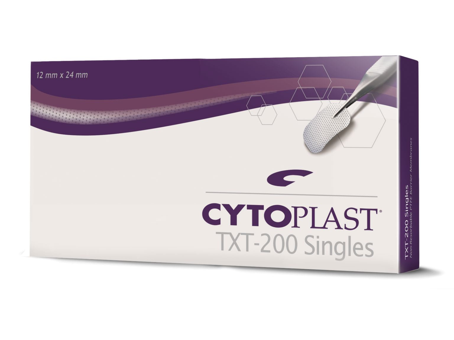 A white and purple box labeled Osteogenics Cytoplast TXT Non-Resorbable High-Density PTFE Membrane displays 12 mm x 24 mm dimensions, a dense PTFE membrane image with forceps, and hexagon graphics in the background.