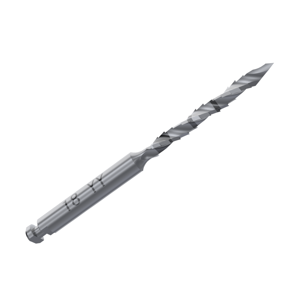 A close-up of the Dentech YZ Cutter Multi-Angle Surgical Drill Bur in stainless steel, featuring a spiral, tapered design and marked handle, used in endodontic and oral surgery. The background is plain white.