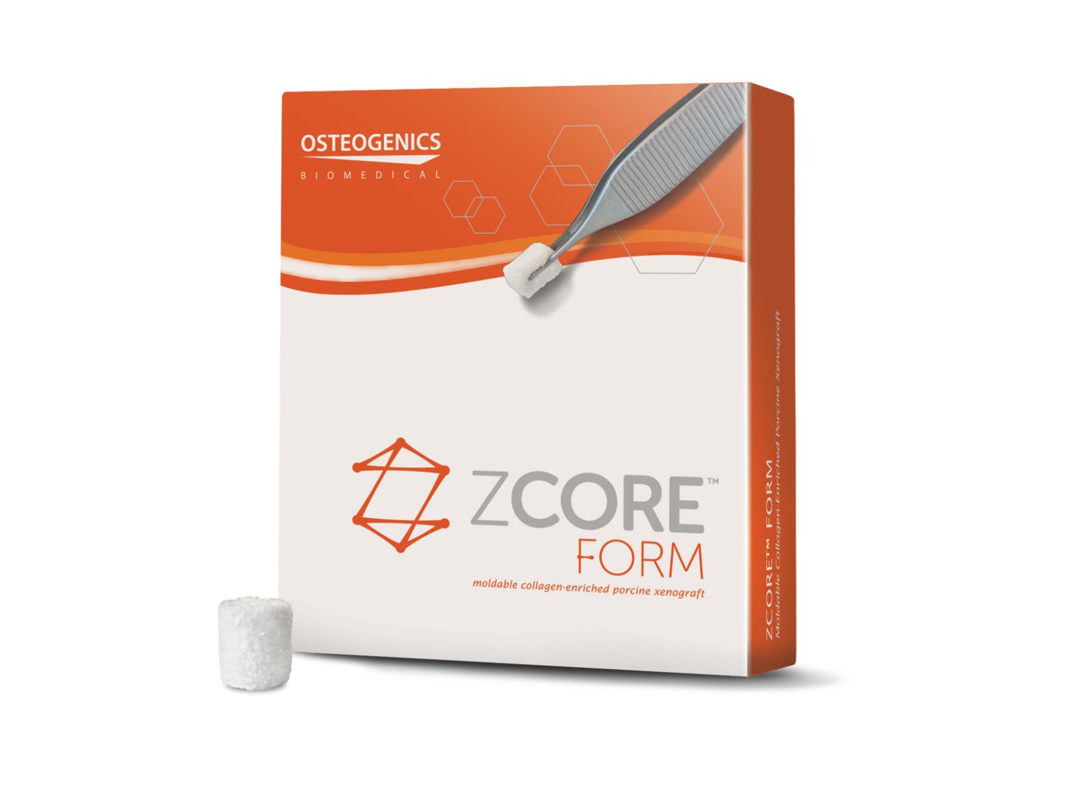 A box of Osteogenics Zcore™ Form Moldable Collagen-Enriched Porcine Xenograft, with an orange and white design, shows a collagen block held by tweezers and a small cylindrical xenograft sample in front.