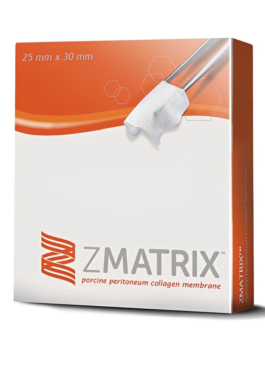 A box of Osteogenics ZMatrix™ Porcine Peritoneum Collagen Membrane (25 mm x 30 mm) is shown, featuring forceps holding a white collagen membrane for ridge augmentation against an orange and white background.