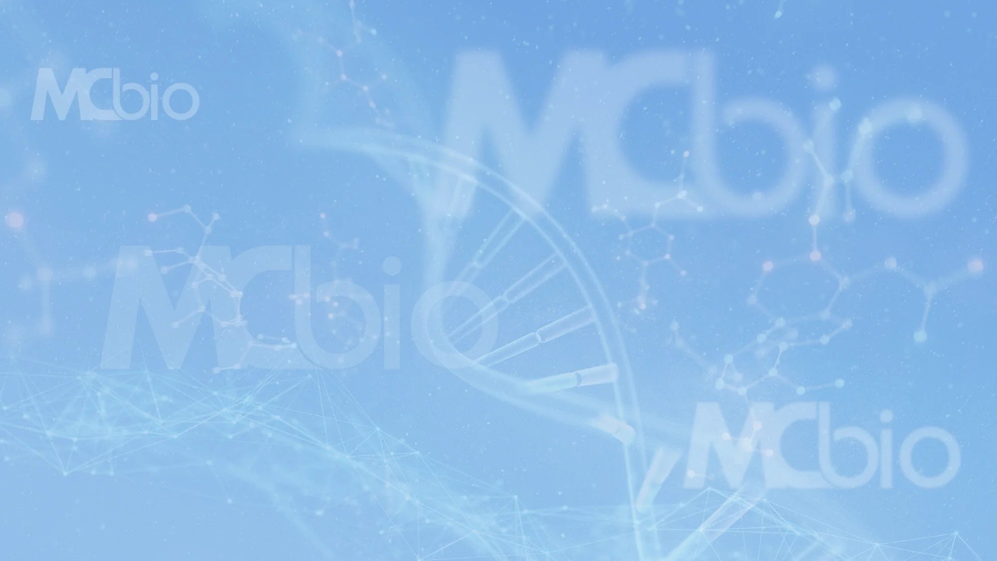 Light blue abstract background with faint DNA helix, molecule structures, and the text “MCbio” partially visible in multiple places, blending with scientific and digital network elements.