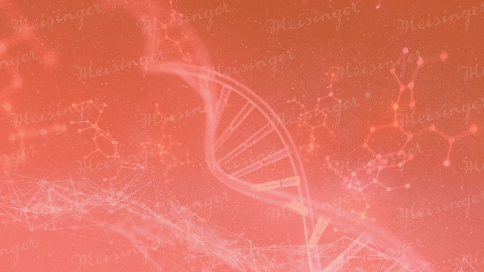 A digitally rendered DNA double helix with abstract molecular structures and network lines on a red background.