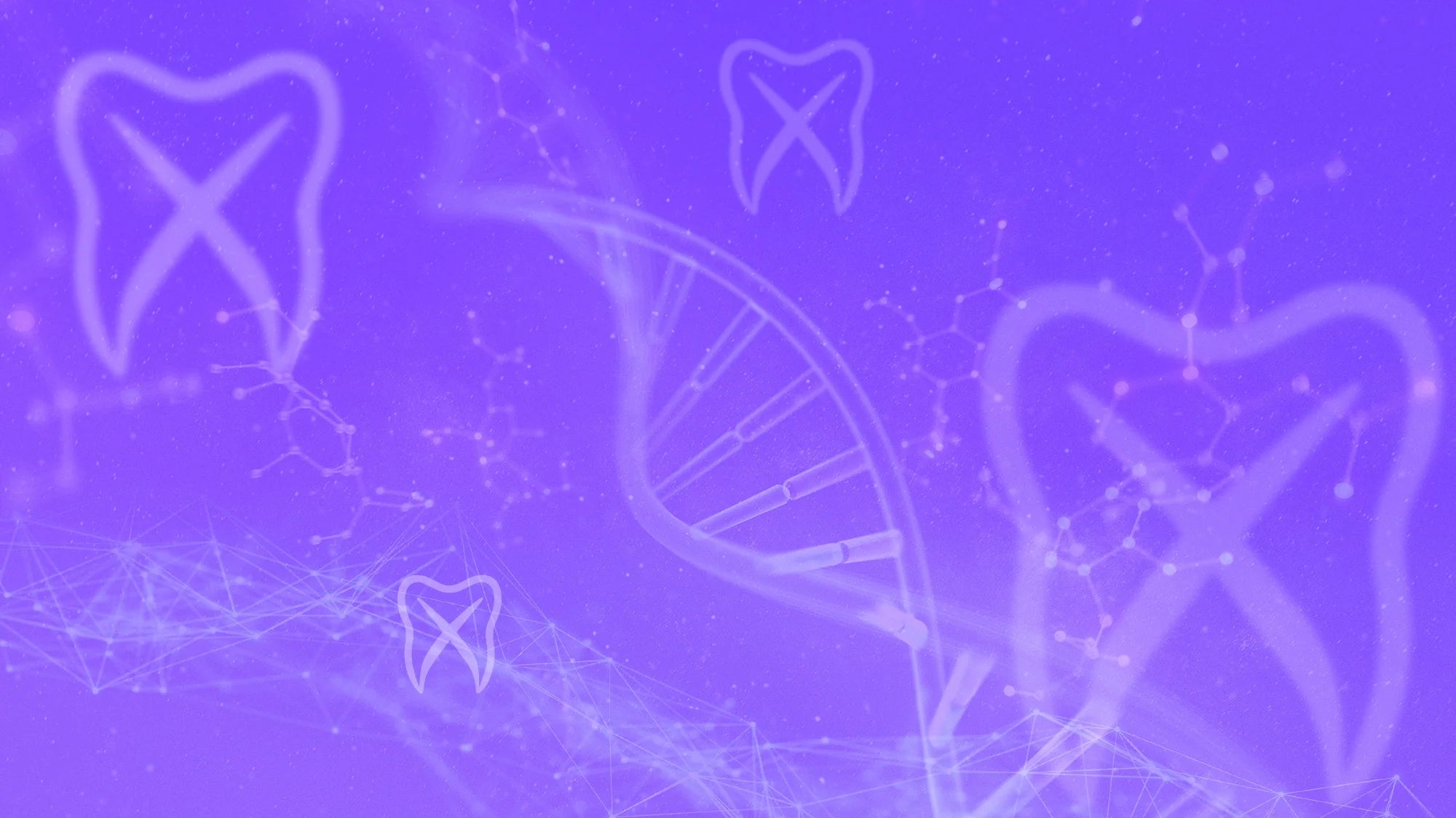 Abstract image with DNA helix and outlined tooth icons on a purple background, representing the intersection of genetics and dental health, with molecular structures and digital network patterns.