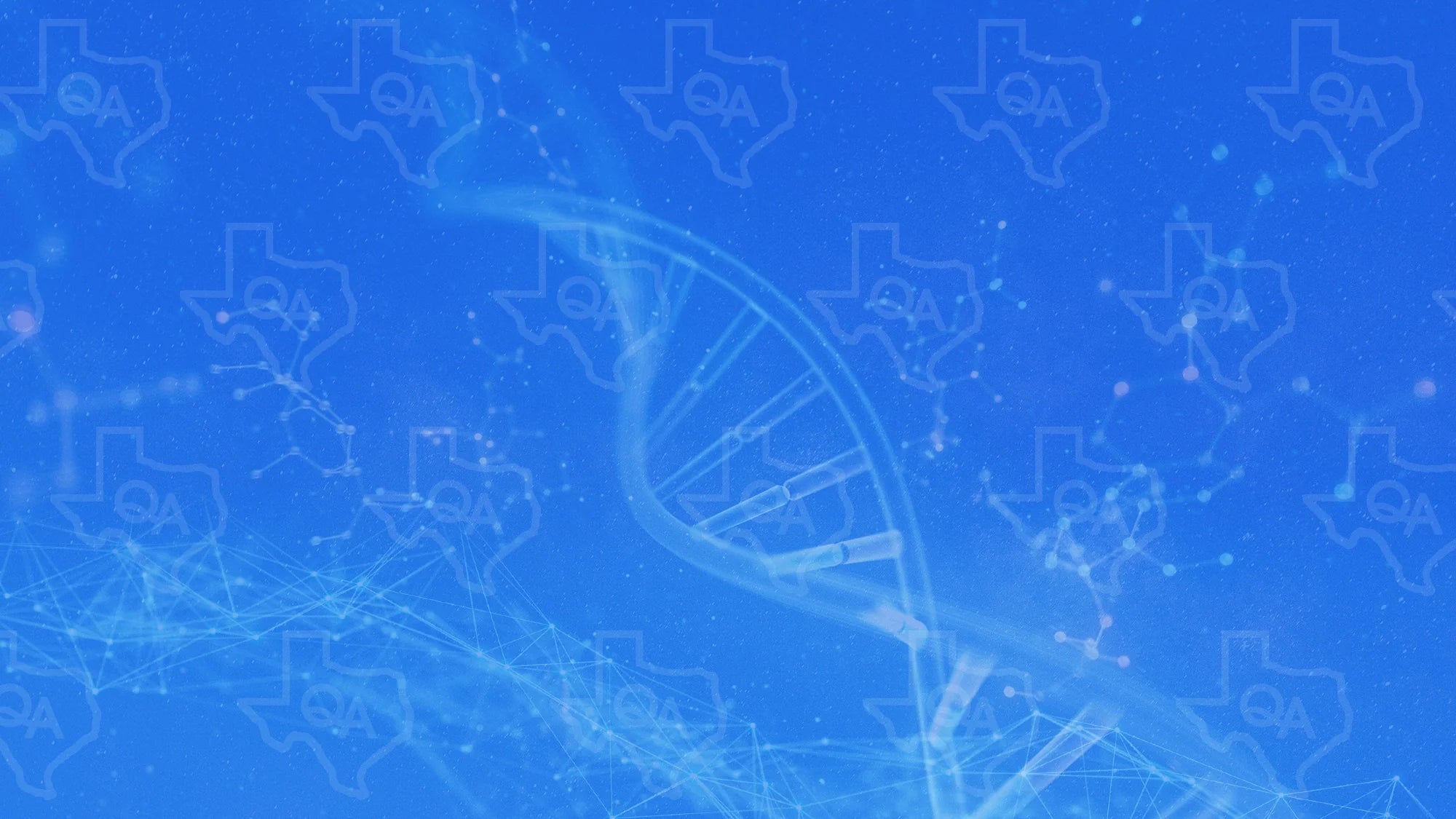 A translucent DNA double helix is centered over a blue background with abstract molecular patterns and outlines of Texas featuring QA inside each state shape.