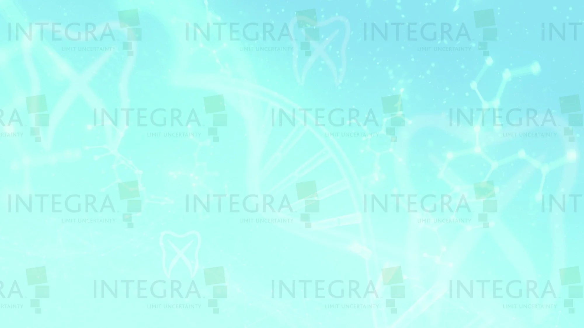 Light blue scientific background with faint DNA helix, molecular structures, and tooth icons. The word INTEGRA appears repeatedly with small square and line logos throughout the image.