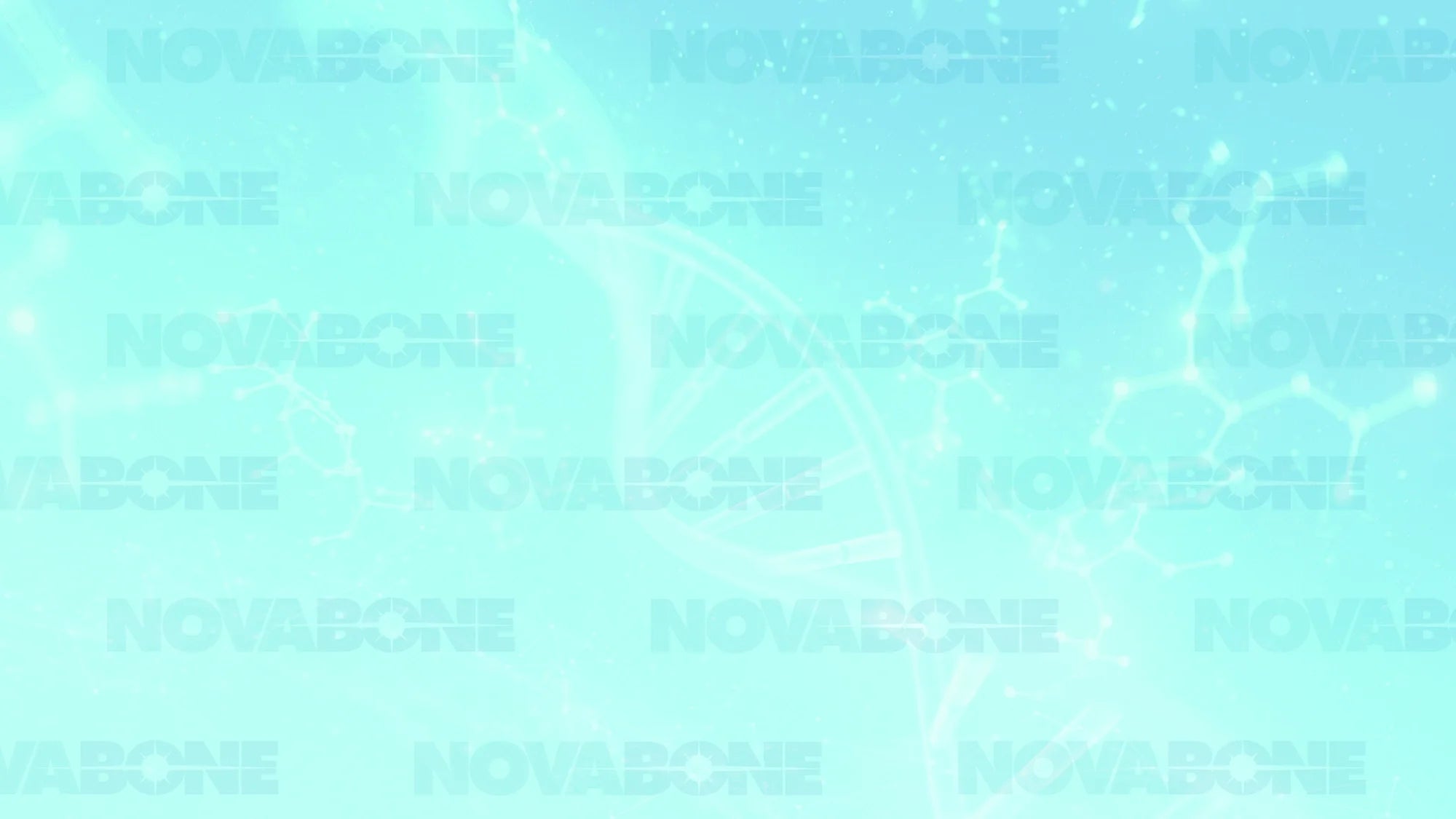 Light blue background with a faint DNA double helix and molecular structures. The word “NOVABONE” is repeated multiple times across the image in a translucent, bold font.