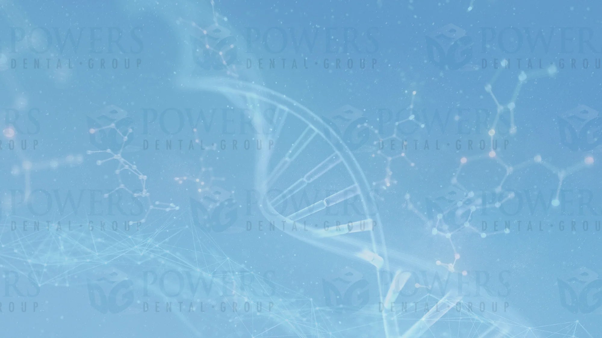 Light blue abstract background featuring a DNA double helix and molecular structures, with faint POWERS DENTAL GROUP text and logo pattern overlayed throughout the image.
