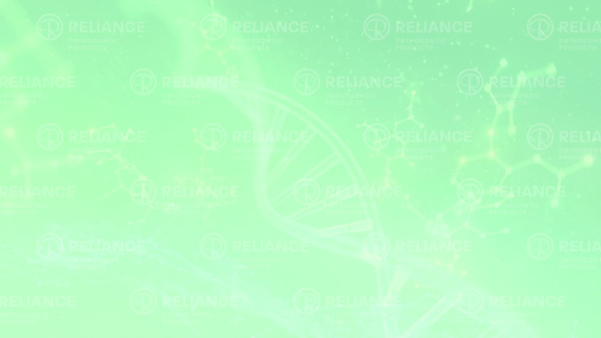 Faint green background featuring a DNA double helix and molecular structures, with the word RELIANCE and a company logo repeatedly overlaid in a subtle pattern.
