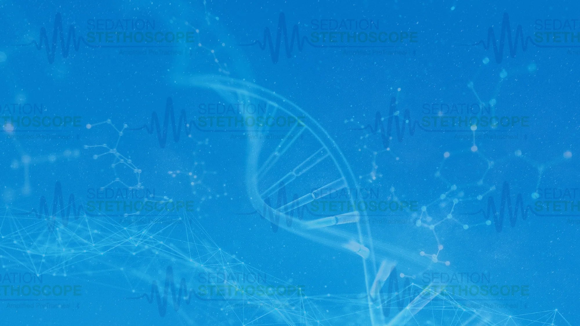 A digital illustration of a DNA double helix with molecular structures and network lines on a blue background. The words SEDATION STETHOSCOPE are faintly repeated throughout.