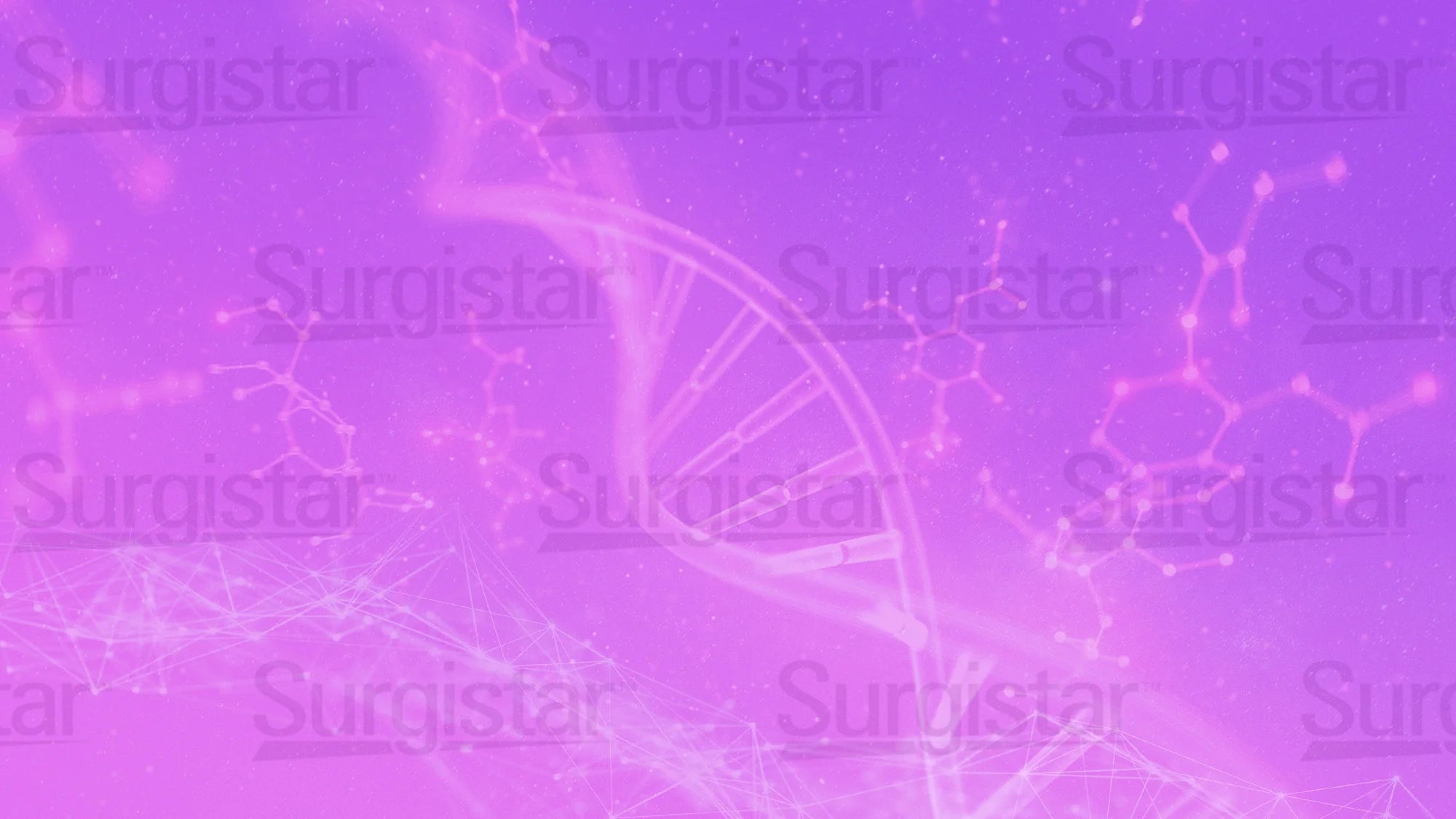 Abstract image with a glowing DNA double helix and molecular structures on a pink-purple gradient background, featuring the repeated watermark word Surgistar.