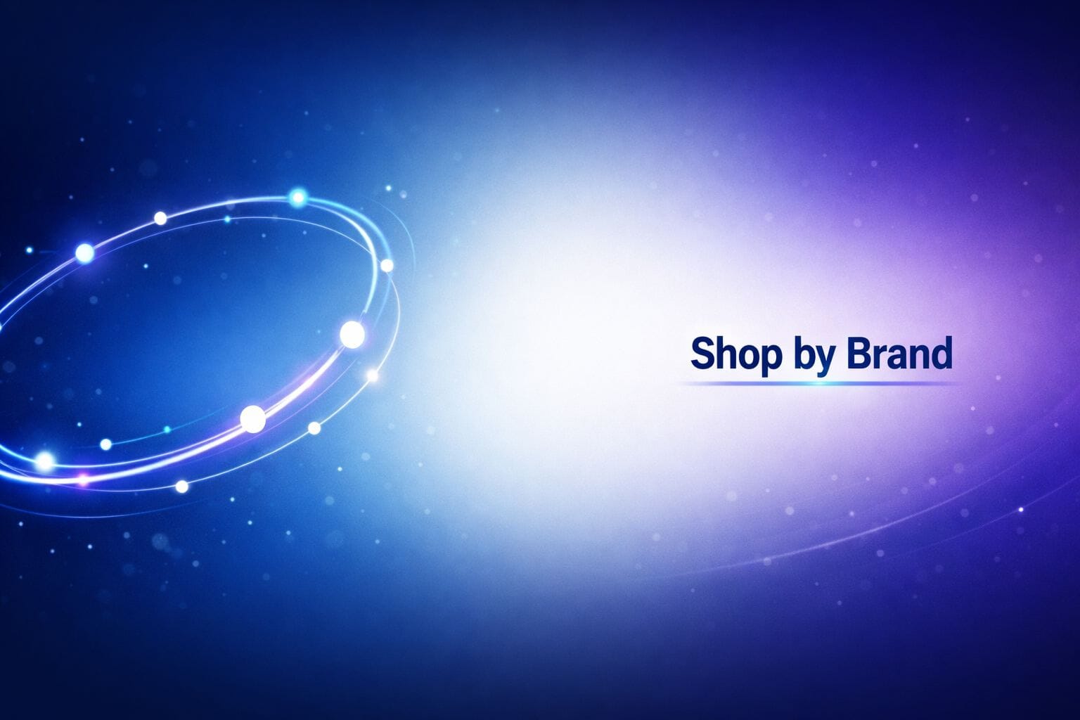 Abstract blue and purple background with glowing orbit-like rings and white dots on the left, and the text Shop by Brand in dark blue on the right side.