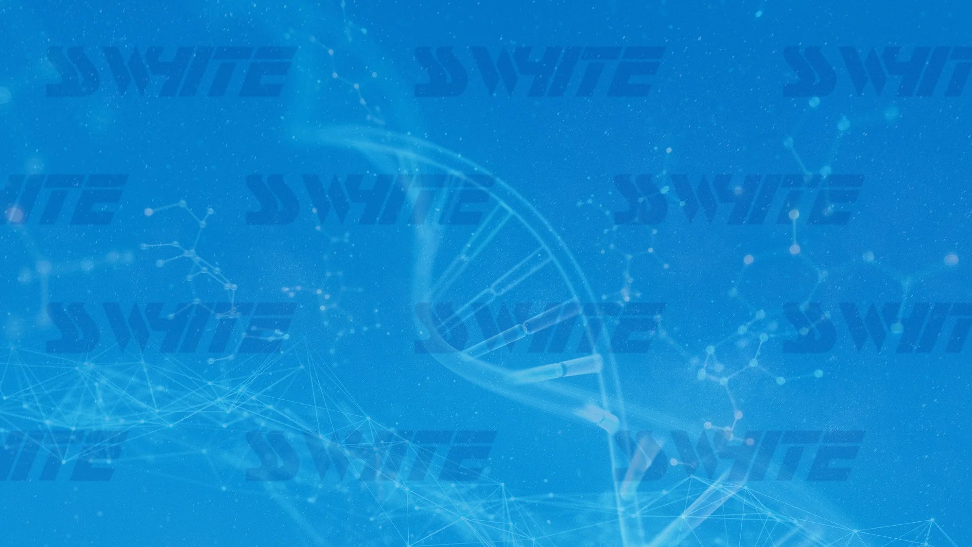 A blue background featuring a transparent DNA double helix, molecular structures, and the repeated watermark text SS WHITE throughout the image.