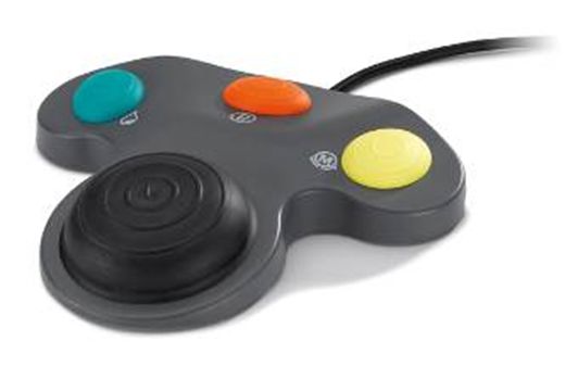 The W&H Foot Control for Implant Motors and Surgical Systems is a gray adaptive controller with a large black joystick and teal, orange, and yellow buttons, inspired by ergonomic W&H designs and shown against a white background.
