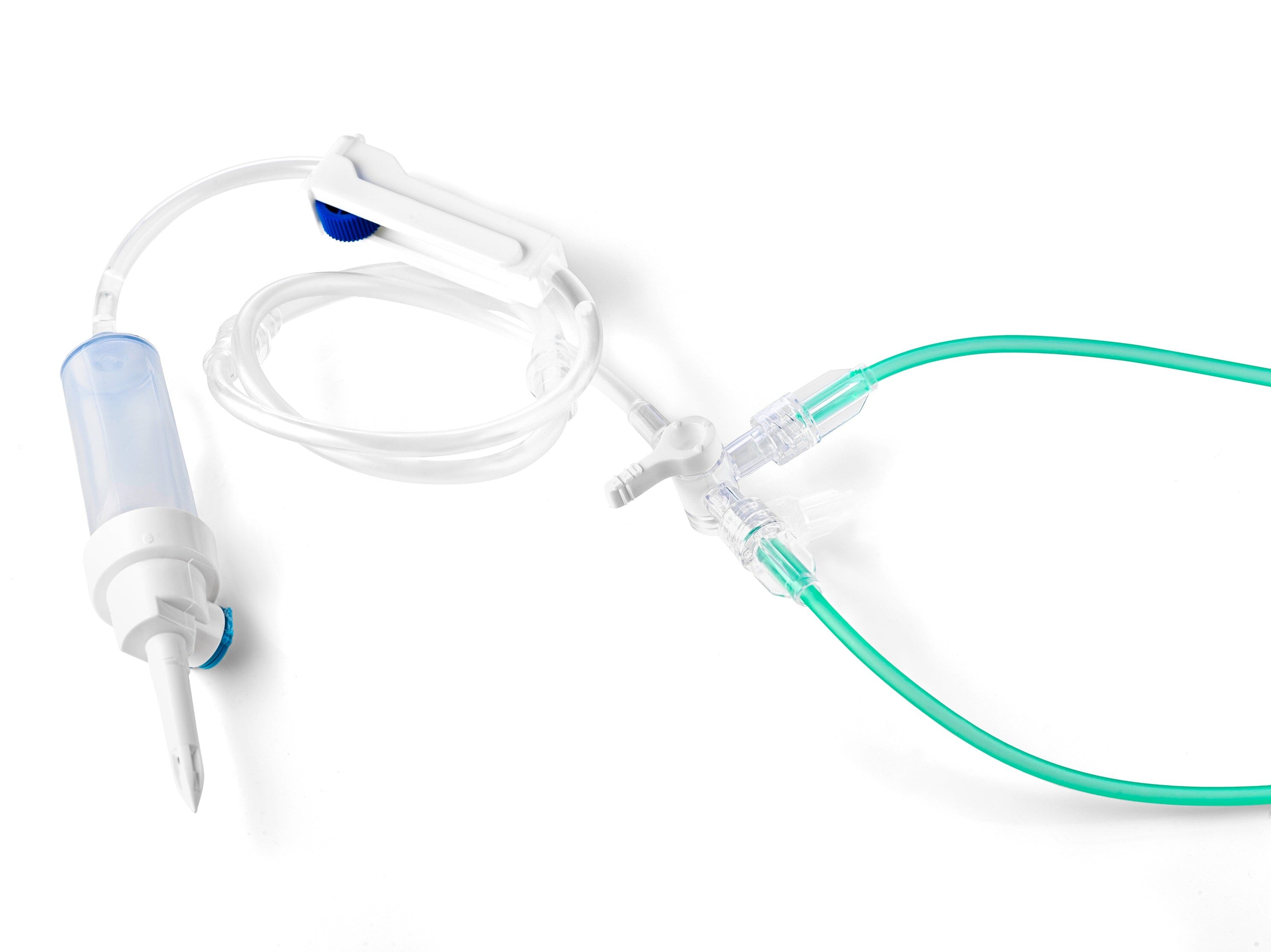 W&H Disposable Irrigation Tubes with Y-Switch – Piezomed shown on a white background, featuring clear tubing, a drip chamber, roller clamp, and green connectors—ideal for piezosurgery and compatible with W&H Piezomed systems.
