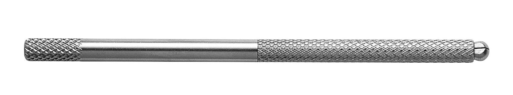 The Hu-Friedy Mini Scalpel Handle by Hu-Friedy is a metal surgical instrument with textured, knurled grips on both ends and a smooth, cylindrical middle section, viewed from the side against a white background.
