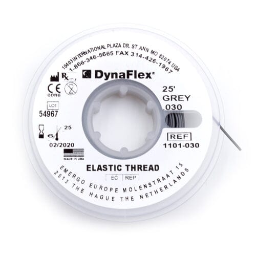 Dynaflex Orthodontic Elastic Power Thread, 25 feet long in grey, is latex-free and ideal for orthodontic traction. The white spool features black text, product details, and reference number 1101-030.
