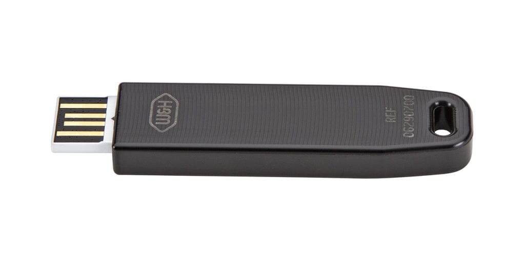 The W&H USB Documentation stick for SA-310 only is black, rectangular with slightly rounded edges, and includes a small hole for keychain attachment.