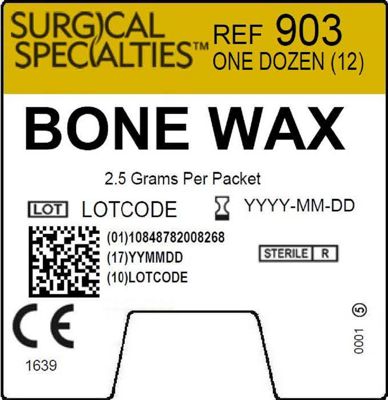 Label for a box of Look® Bone Wax - White, 2.5g per packet, REF 903, one dozen. Includes lot code, barcode, date format, and symbols for medical use and sterility—designed for surgical hemostasis. Brand: Look.