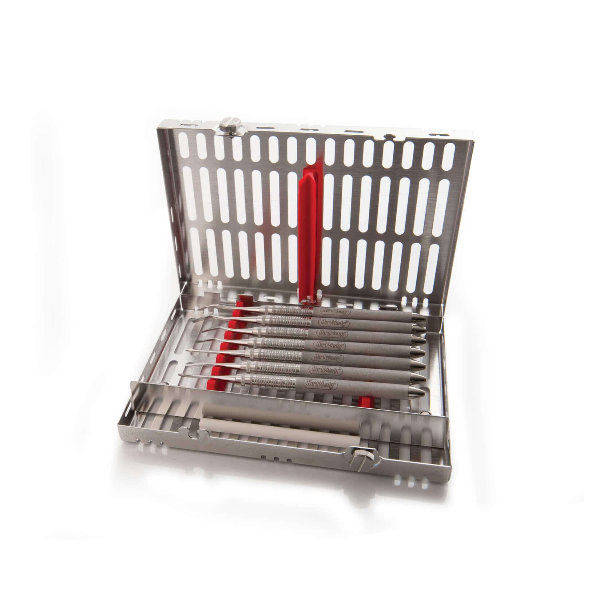 A Hu-Friedy Luxating Hybrids Kit, featuring six dental instruments in red silicone holders inside a metal sterilization case, is shown open on a white background.