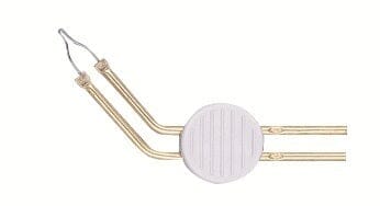 A close-up of a Bovie Cautery replacement tip - Contra Angle Fine shows its round, ribbed white sensor with two gold prongs and two thin silver wires, all set against a white background.
