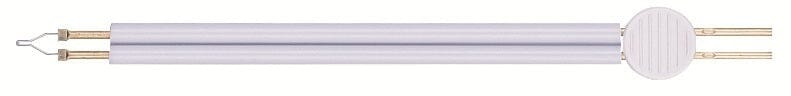 The Bovie Cautery replacement tip - 5" Straight fine features two parallel glass tubes and a round white cap with metal pins, making it an ideal straight fine cautery tip replacement.