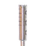 A close-up of Dentech Internally Cooled Trephine Burs—Stainless Steel, Reusable (Clearance)—shows its grooved, cylindrical head with spiral cuts, designed for implant site preparation and bone harvesting.
