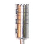 Close-up of a Dentech Internally Cooled Trephine Bur—Stainless Steel, Reusable (CLEARANCE); the cylindrical dental tool features a notched tip, horizontal grooves for bone harvesting, and three dark circular markings on the left.