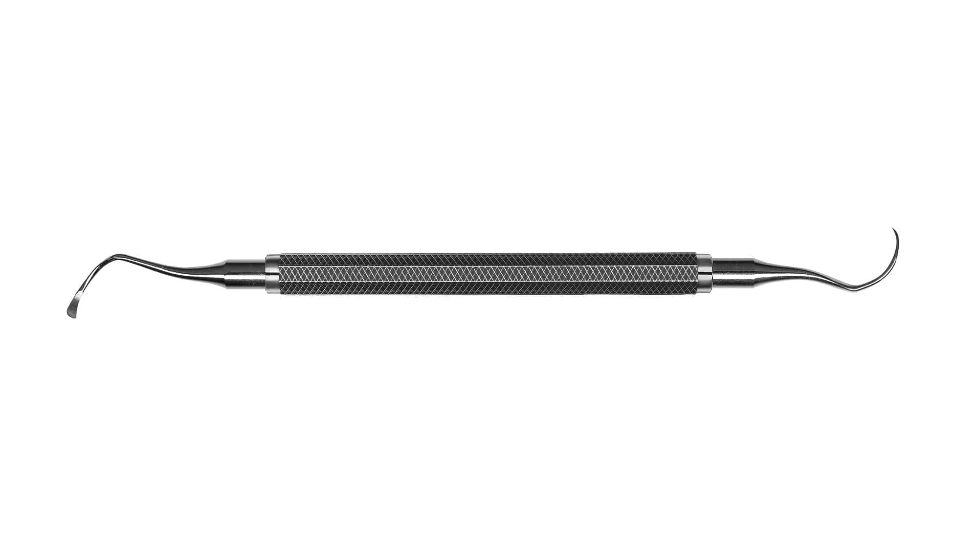 The Hu-Friedy #709 IMPLANT Instrument-522 Handle is a double-ended tool with a textured grip, featuring a curved pick and an angled tip for precise dental cleaning and examination.