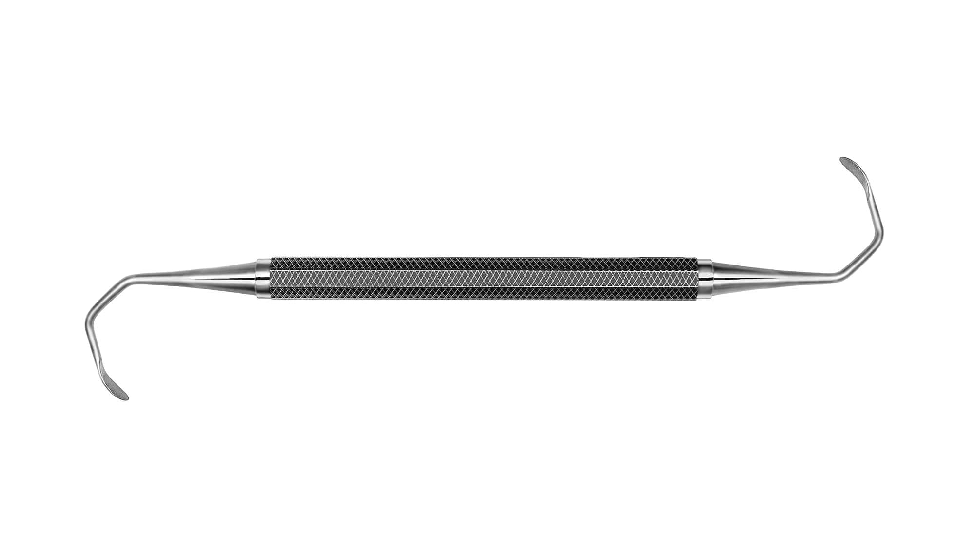The Hu-Friedy K-N Sinus Lift Instrument Large/Small, Strong Curve is a double-ended stainless steel dental tool with angled tips and a textured handle for enhanced grip, used for dental cleaning and examination.