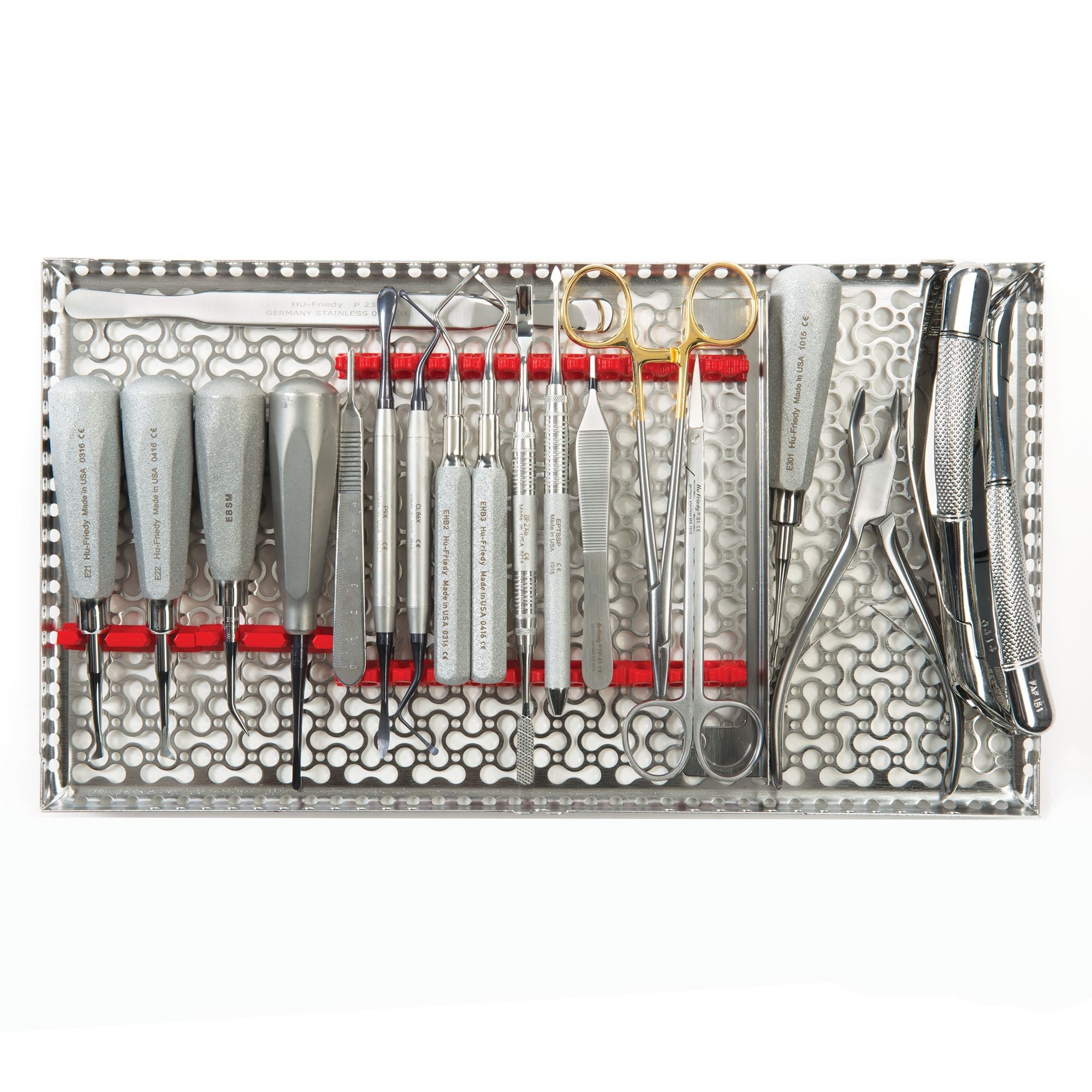 The Hu-Friedy Koerner Basic Oral Surgery Kit by Hu-Friedy features a metal tray with neatly arranged instruments, including Koerner elevators, forceps, and scissors—ideal for oral surgery procedures.