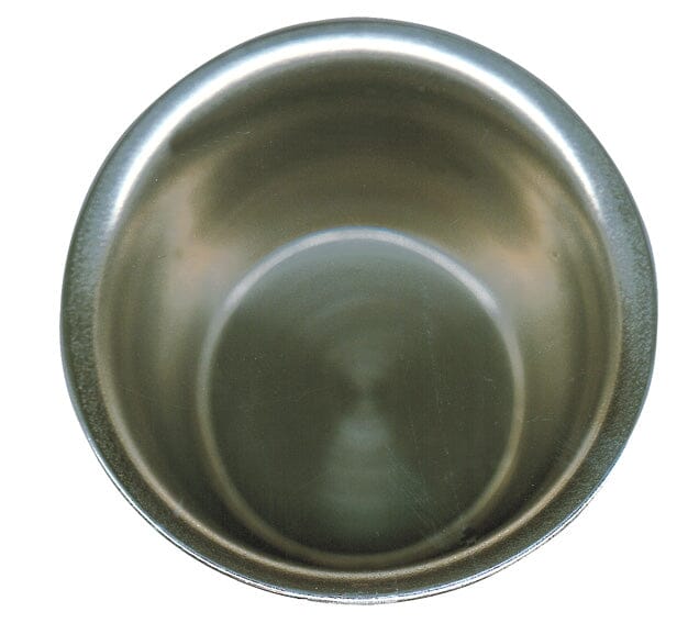 A top-down view of an empty, round Hu-Friedy Measuring Cup 25ml with markings, made of stainless steel, on a white background.