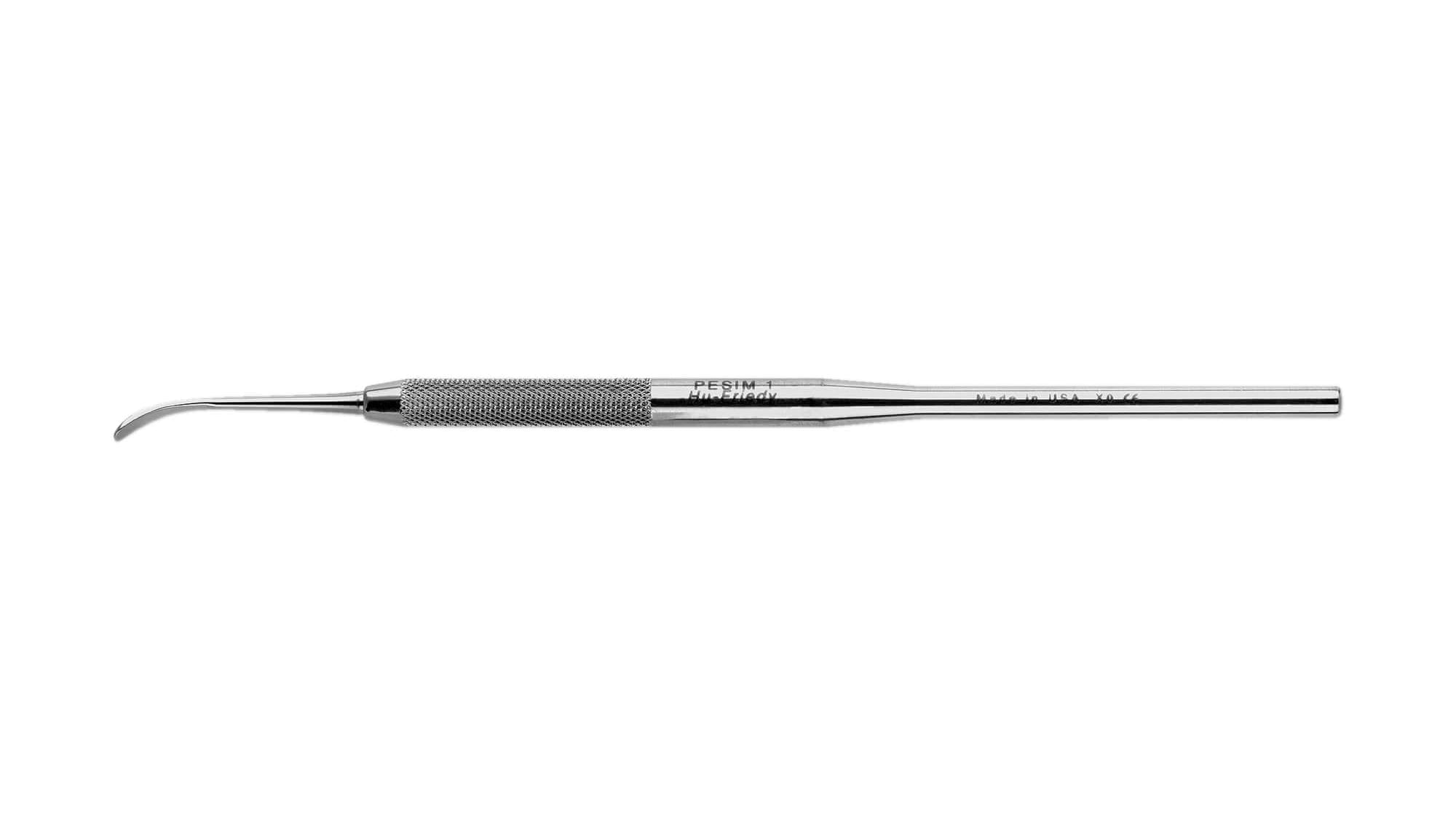 The Hu-Friedy PERIOSTEAL, SINGLE END (IMP6688K) is a stainless steel dental instrument with a textured grip and curved, pointed tip, ideal for oral examination or cleaning.