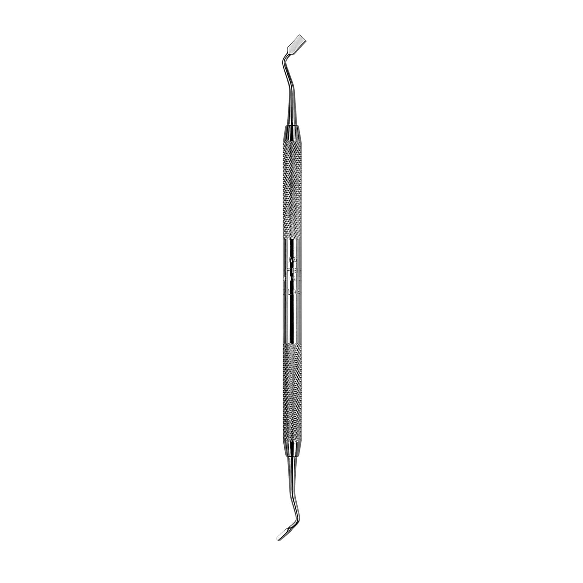 The Hu-Friedy LABANCA PLUGGER, 3 X 15MM Satin Steel #10 handle, is a stainless steel dental instrument with a textured grip and two angled, flat ends for contouring and shaping dental materials.