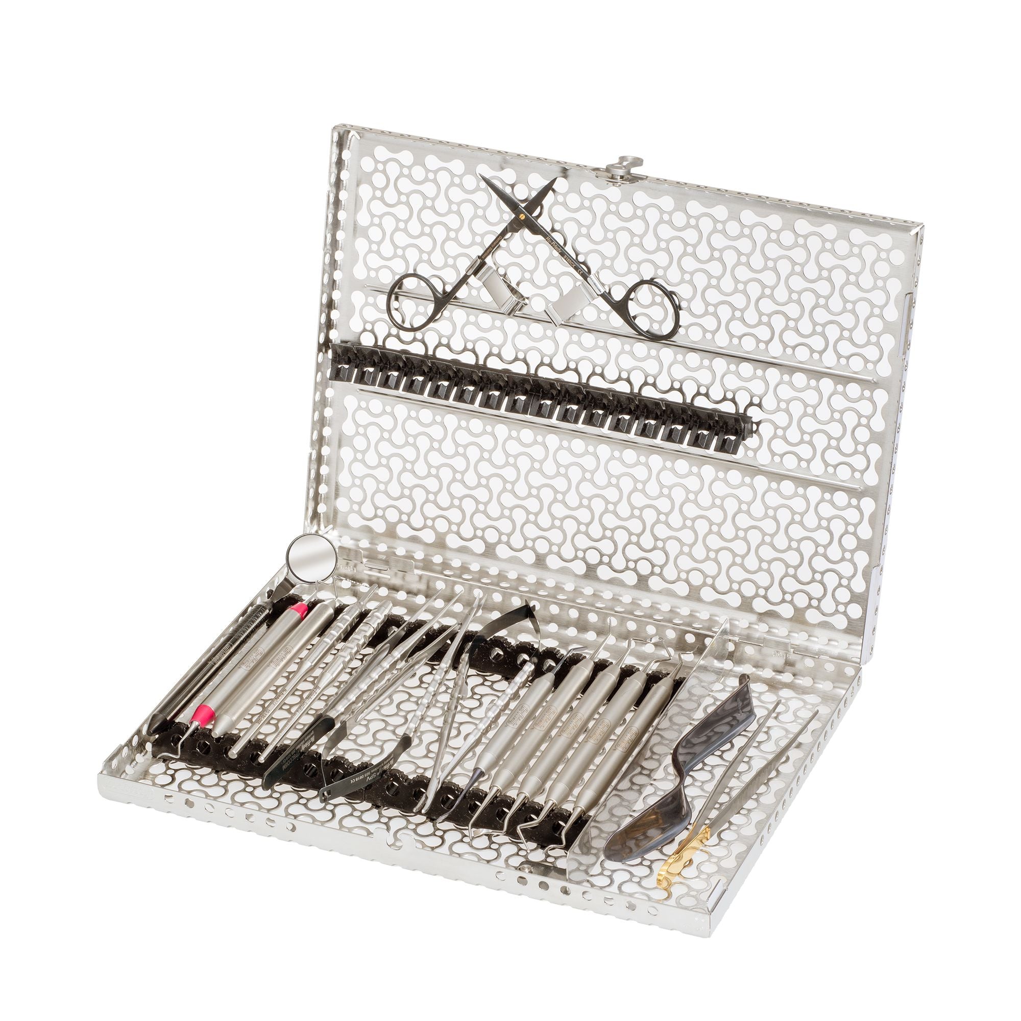 The Hu-Friedy Pink Matters Full Kit comes in a metal case with a patterned lid, neatly organizing dental or surgical tools like rods, forceps, a mirror tool, and cylindrical instruments inside.