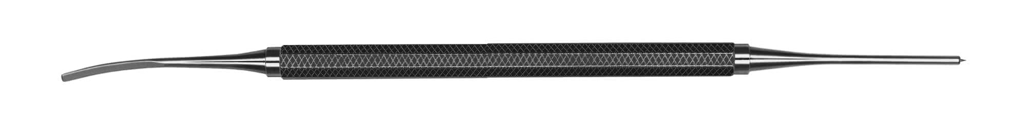 The Hu-Friedy Membrane Placement Instrument Short is a double-ended metal tool with a textured black handle, featuring a pointed tip on one end and a curved, angled tip on the other, shown against a white background.