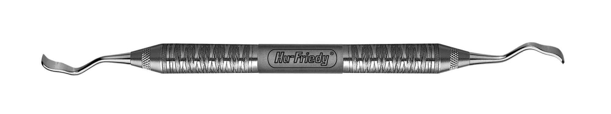 The Hu-Friedy Buser Modified Periodontal Chisel is a double-ended metal dental tool with curved tips and a textured grip, crafted from surgical-grade stainless steel by Hu-Friedy.