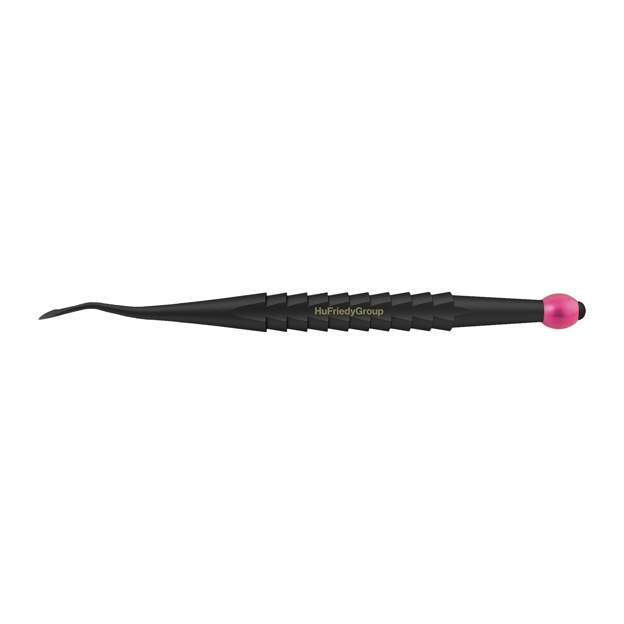 A black Hu-Friedy ProLux Elevator features a textured grip, curved metal tip, and pink rounded cap. The handle is marked "HuFriedyGroup," showcasing the quality of the Hu-Friedy brand.