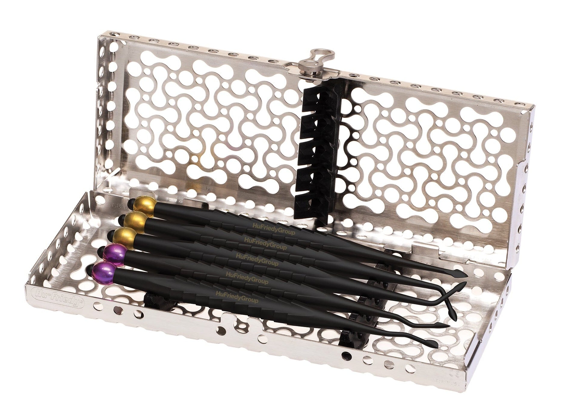 The Hu-Friedy ProLux Lux Elevs Spade Kit, Black Line features six dental or surgical instruments with gold and purple end caps, neatly arranged in a perforated silver case with its lid open.
