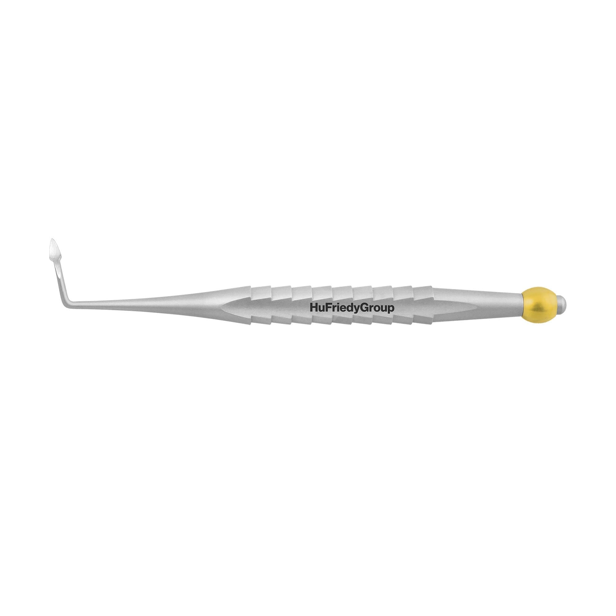 A silver Hu-Friedy ProLux Elevator with textured grip, angled pointed tip, and yellow cap. The handle displays the Hu-Friedy branding, emphasizing its premium dental elevator design.